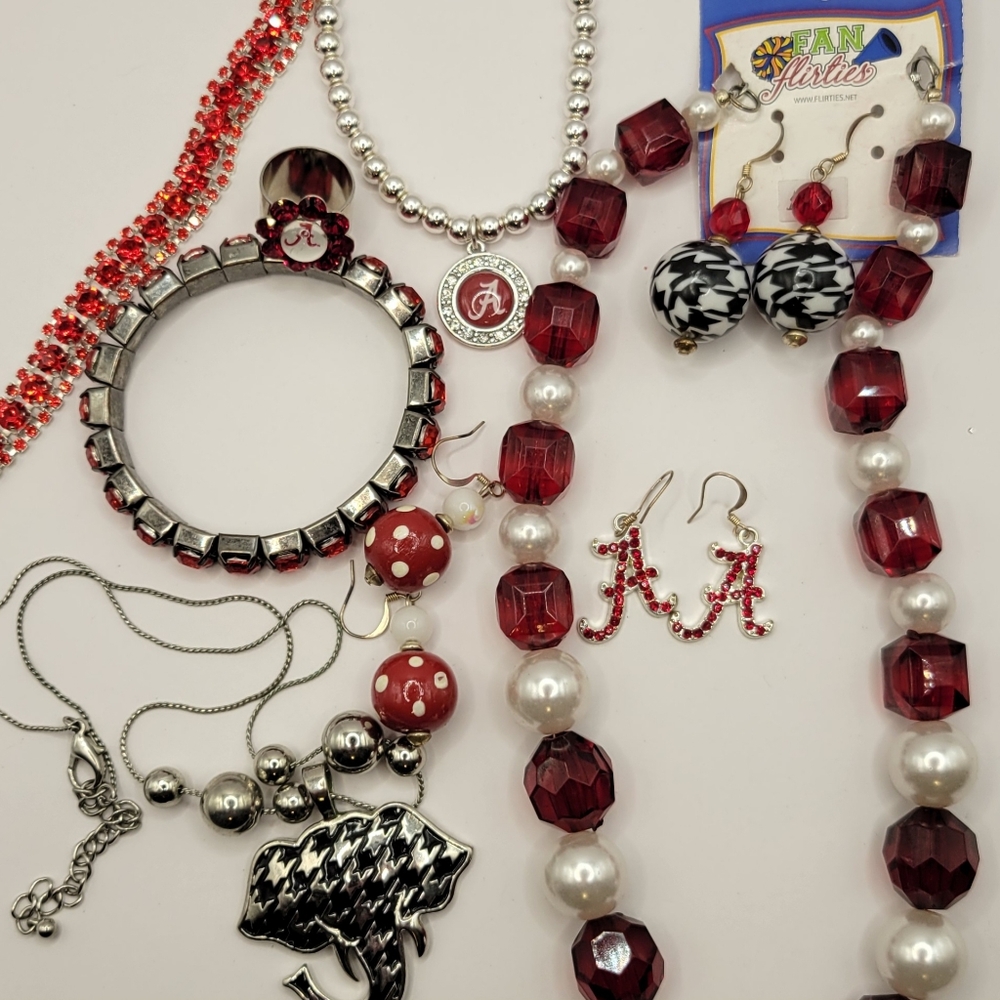 Alabama University Roll Tide Houndstooth Red White Black Silver Jewelry Lot